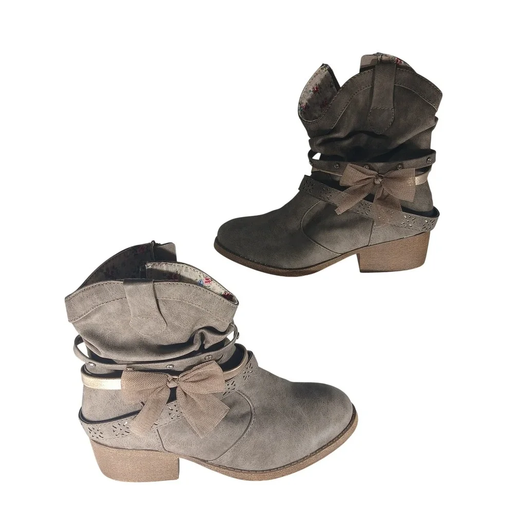 Jellypop Girls Saddle Up Ankle Boots Size 3M Grey Western Bow Boho Floral Bootie
